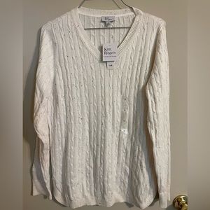Kim Rogers Long Sleeve Cable Knit V-Neck White Sweater with Specks of Color